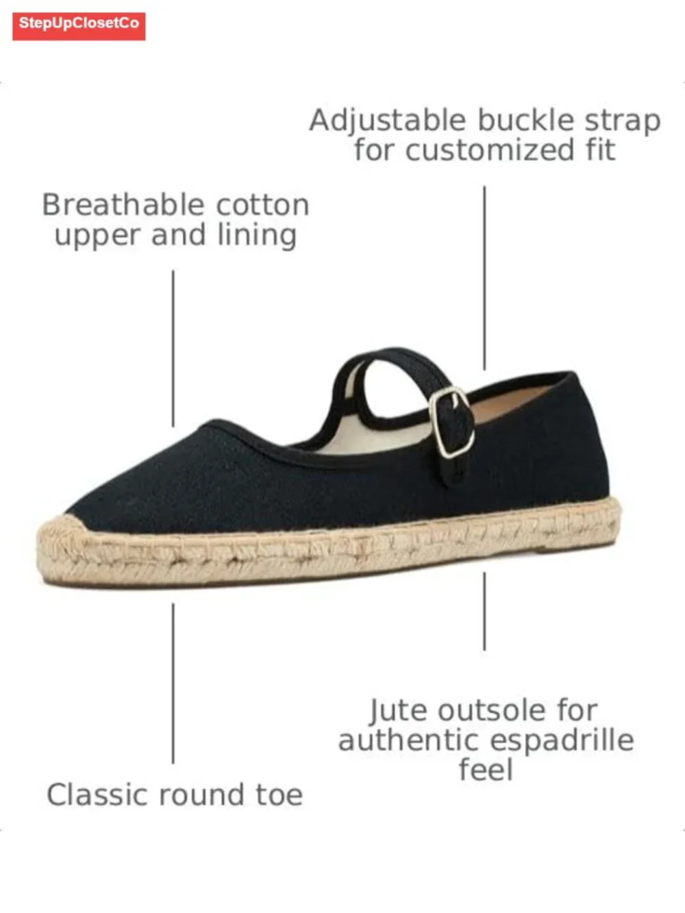 Women's Cotton Espadrille Mary Jane Flats - Jute Sole, Adjustable Buckle